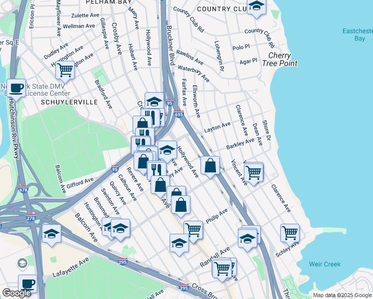 map of restaurants, bars, coffee shops, grocery stores, and more near 1021 Hollywood Avenue in The Bronx