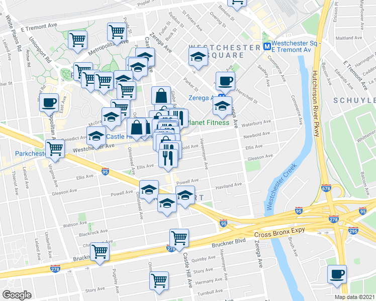 map of restaurants, bars, coffee shops, grocery stores, and more near 2247 Ellis Avenue in Bronx