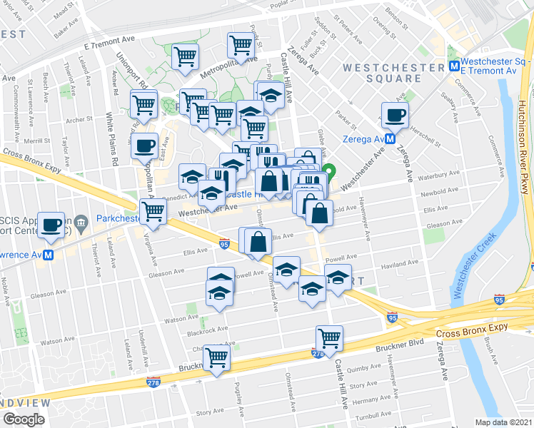 map of restaurants, bars, coffee shops, grocery stores, and more near 2112 Newbold Avenue in Bronx