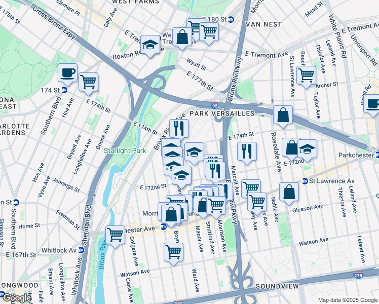 map of restaurants, bars, coffee shops, grocery stores, and more near 1349 Stratford Avenue in The Bronx