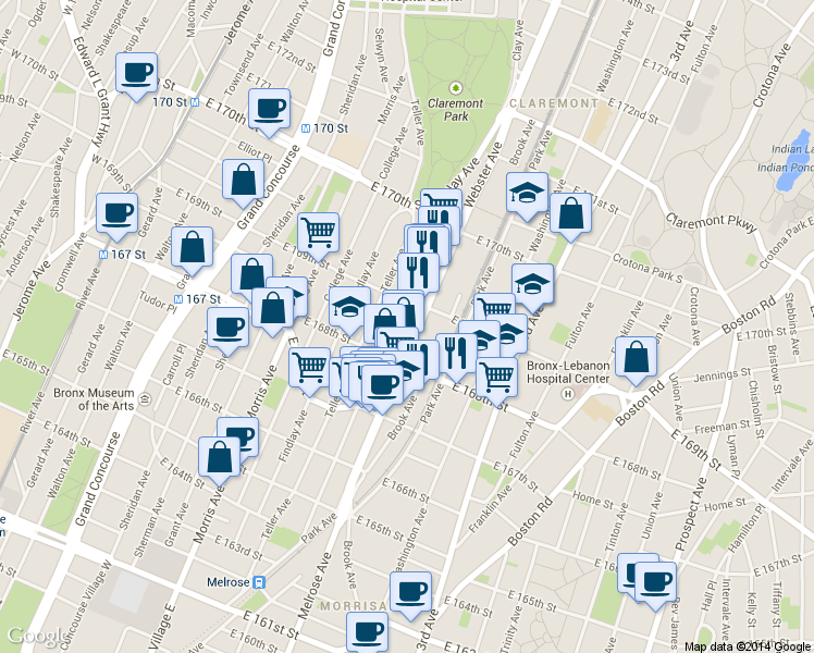 map of restaurants, bars, coffee shops, grocery stores, and more near in The Bronx