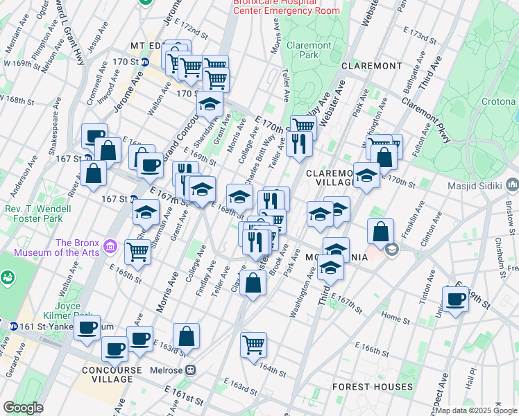 map of restaurants, bars, coffee shops, grocery stores, and more near 1230 Reverend Jerome A. Greene Place in The Bronx