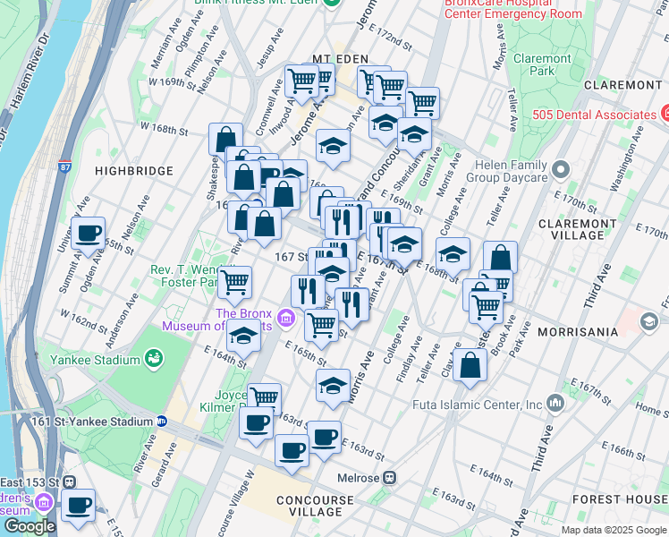 map of restaurants, bars, coffee shops, grocery stores, and more near 1162 Sheridan Avenue in The Bronx