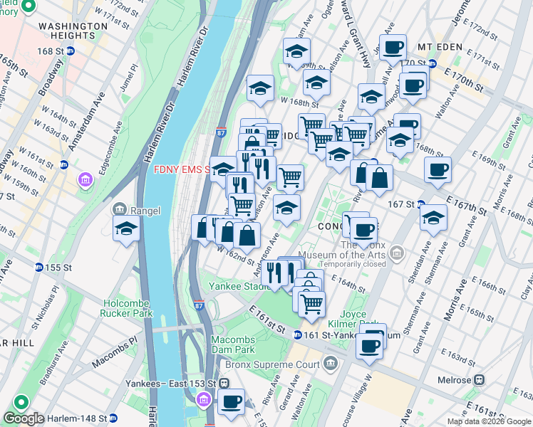 map of restaurants, bars, coffee shops, grocery stores, and more near 1016 Woodycrest Avenue in The Bronx