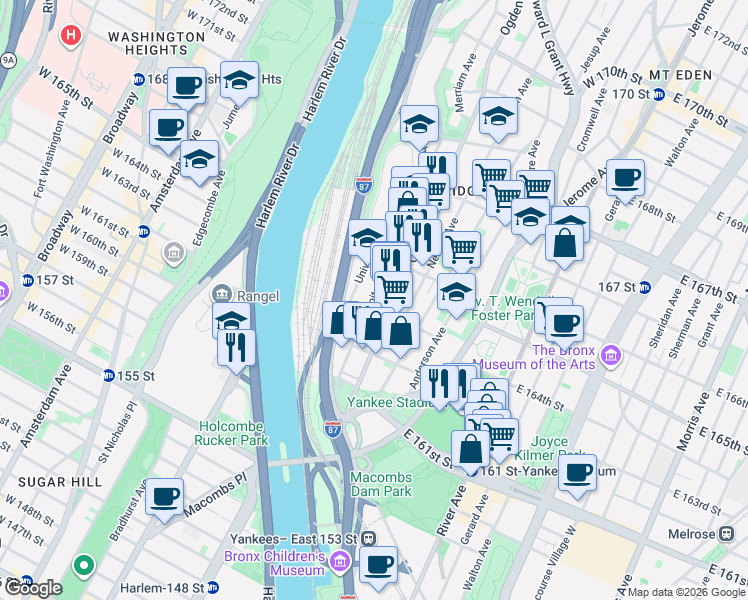 map of restaurants, bars, coffee shops, grocery stores, and more near 991 Summit Avenue in Bronx