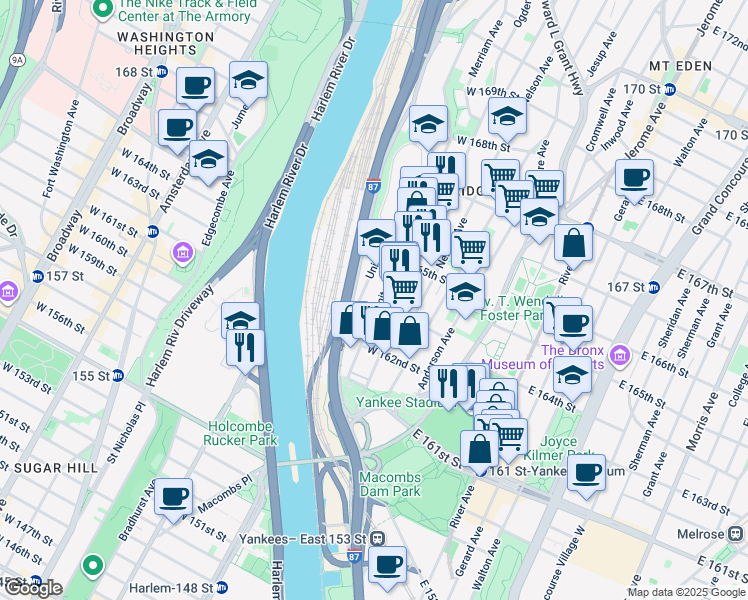 map of restaurants, bars, coffee shops, grocery stores, and more near 991 Summit Avenue in Bronx