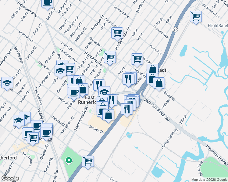 map of restaurants, bars, coffee shops, grocery stores, and more near 33 New Jersey 17 in East Rutherford