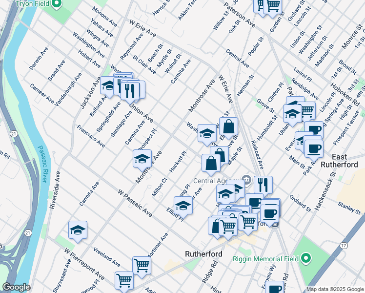 map of restaurants, bars, coffee shops, grocery stores, and more near 132 Hackett Place in Rutherford
