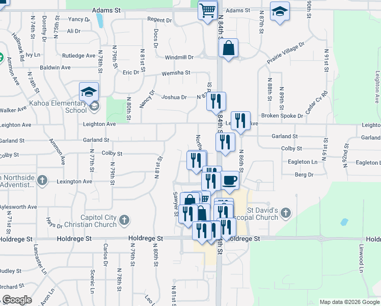 map of restaurants, bars, coffee shops, grocery stores, and more near 8106 Oshel Avenue in Lincoln