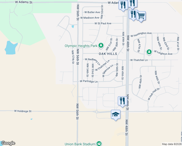 map of restaurants, bars, coffee shops, grocery stores, and more near 5240 West Songbird Circle in Lincoln