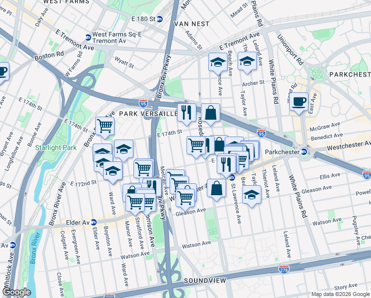 map of restaurants, bars, coffee shops, grocery stores, and more near 1328 Fteley Avenue in Bronx