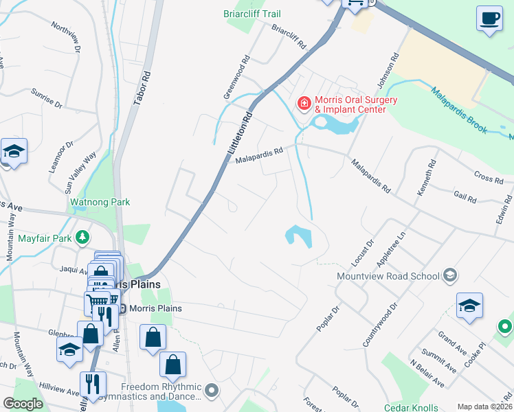 map of restaurants, bars, coffee shops, grocery stores, and more near 9 Forest Drive in Morris Plains