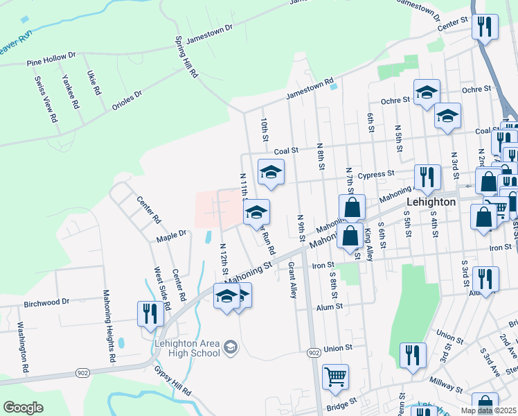 map of restaurants, bars, coffee shops, grocery stores, and more near 301 Beaver Run Road in Lehighton