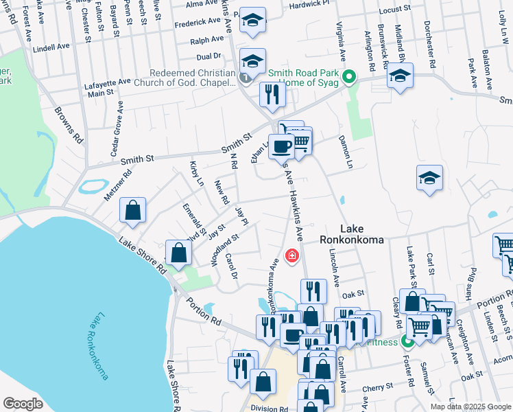 map of restaurants, bars, coffee shops, grocery stores, and more near 21 Woodland Street in Lake Ronkonkoma
