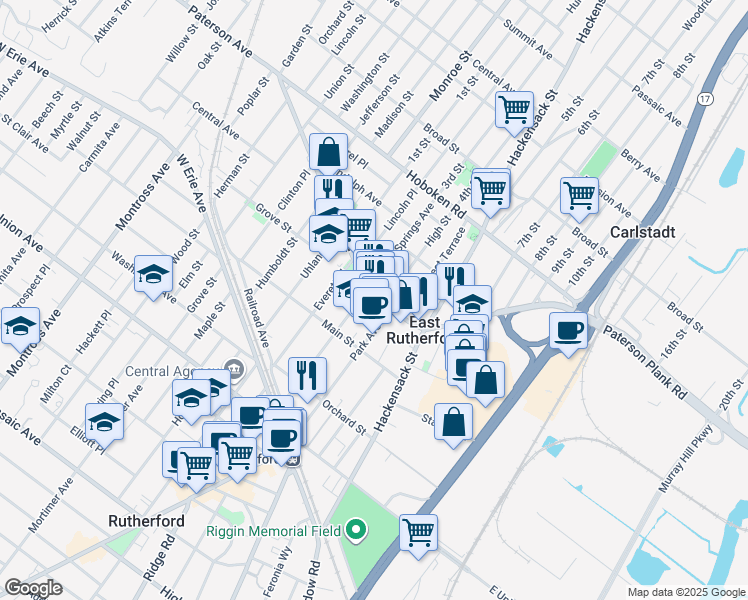 map of restaurants, bars, coffee shops, grocery stores, and more near 119 Park Avenue in East Rutherford
