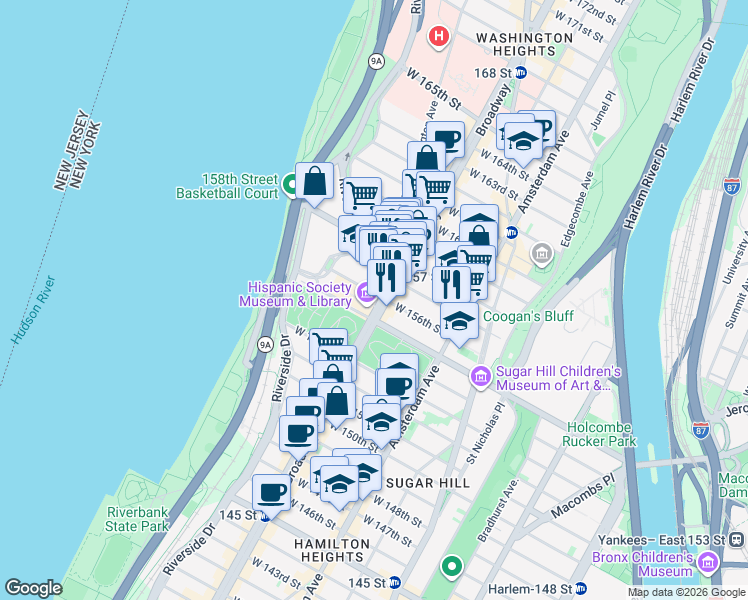 map of restaurants, bars, coffee shops, grocery stores, and more near 3755 Broadway in New York
