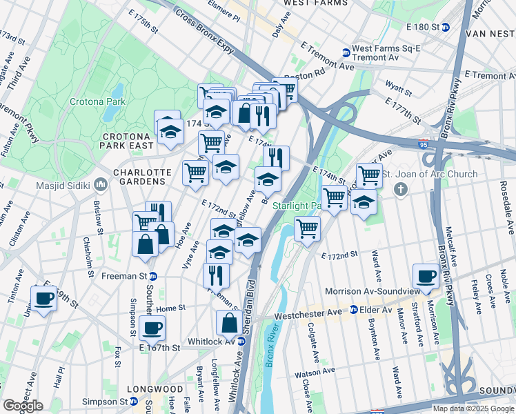 map of restaurants, bars, coffee shops, grocery stores, and more near in Bronx