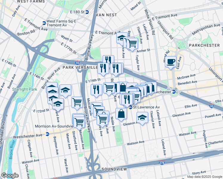 map of restaurants, bars, coffee shops, grocery stores, and more near 1320 Noble Avenue in The Bronx