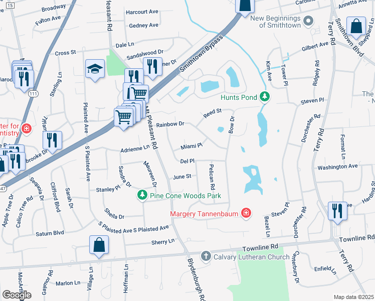 map of restaurants, bars, coffee shops, grocery stores, and more near 27 Del Place in Hauppauge