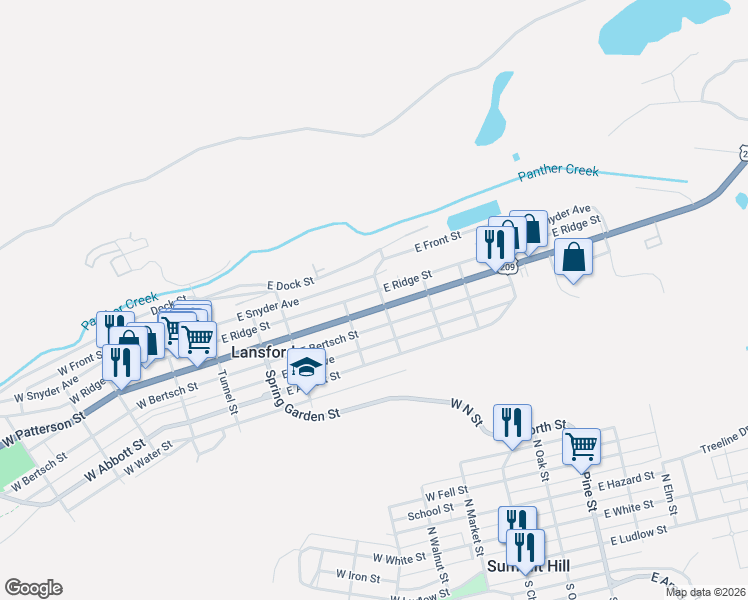 map of restaurants, bars, coffee shops, grocery stores, and more near 328 East Patterson Street in Lansford