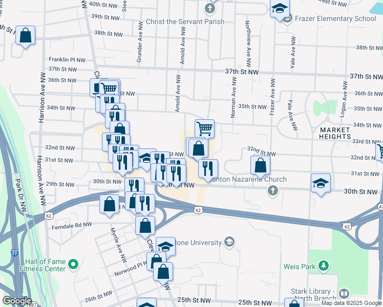 map of restaurants, bars, coffee shops, grocery stores, and more near 3100 Cromer Avenue Northwest in Canton