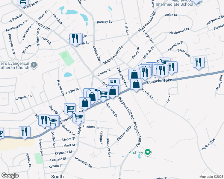 map of restaurants, bars, coffee shops, grocery stores, and more near 500 Depot Road in Huntington Station