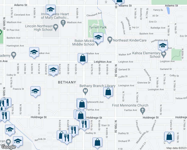 map of restaurants, bars, coffee shops, grocery stores, and more near 6706 Colby Street in Lincoln