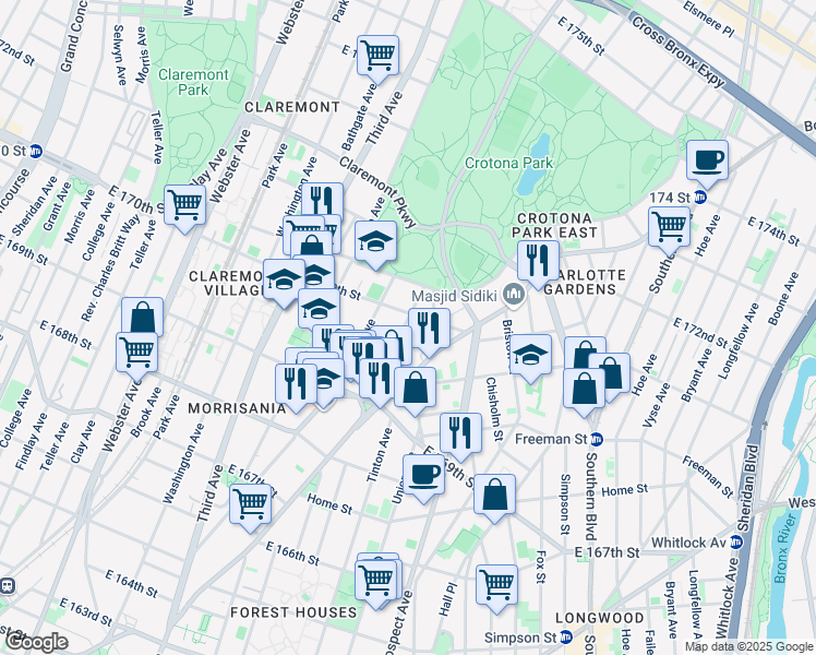 map of restaurants, bars, coffee shops, grocery stores, and more near 1384 Clinton Avenue in The Bronx