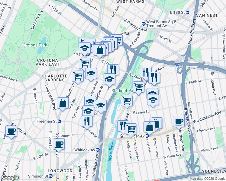 map of restaurants, bars, coffee shops, grocery stores, and more near 1565 West Farms Road in The Bronx
