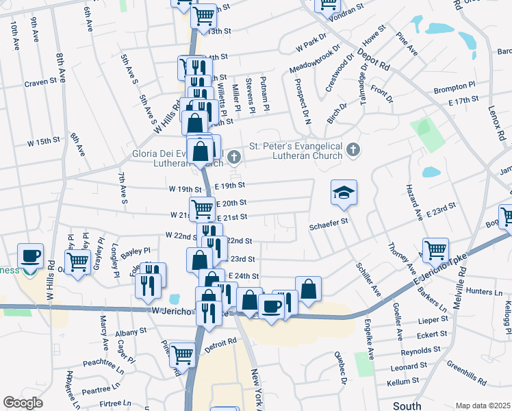 map of restaurants, bars, coffee shops, grocery stores, and more near 38 East 21st Street in Huntington Station