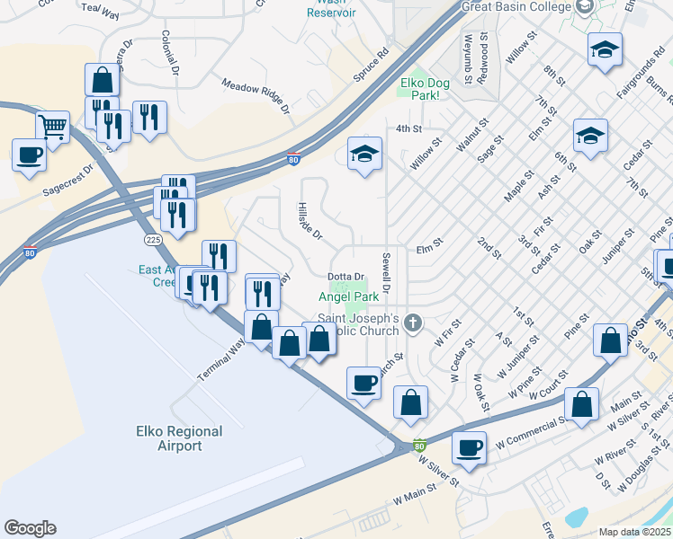 map of restaurants, bars, coffee shops, grocery stores, and more near 1190 Dotta Drive in Elko