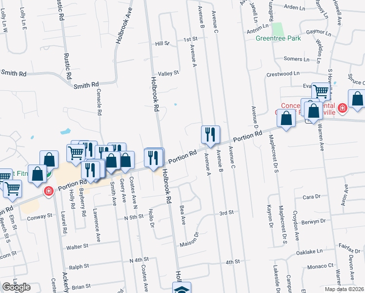 map of restaurants, bars, coffee shops, grocery stores, and more near 775 Portion Road in Ronkonkoma