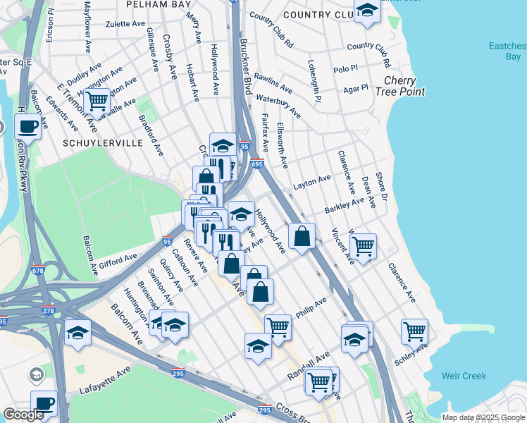 map of restaurants, bars, coffee shops, grocery stores, and more near 1021 Hollywood Avenue in The Bronx