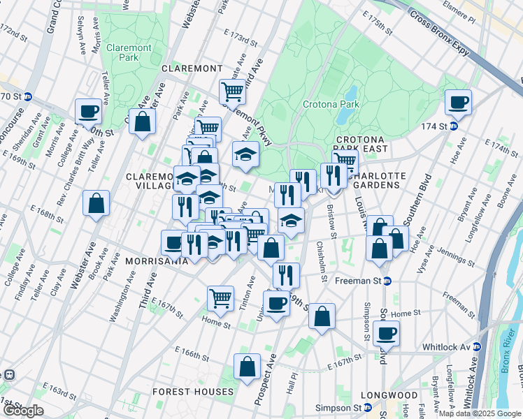 map of restaurants, bars, coffee shops, grocery stores, and more near 666 Jefferson Place in The Bronx