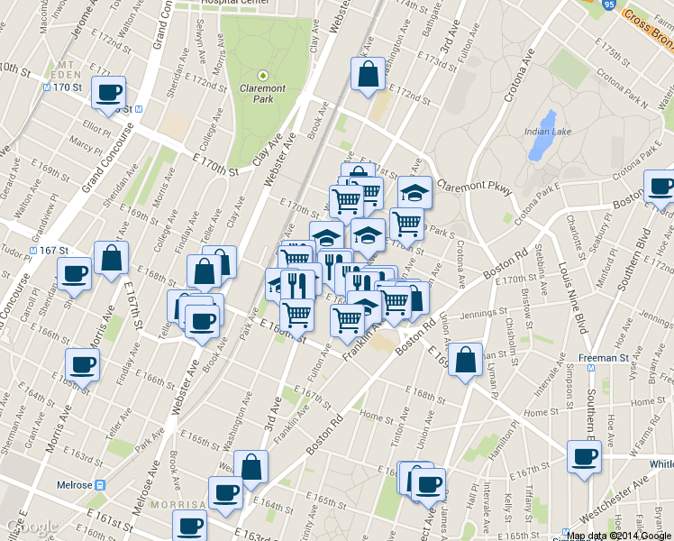 map of restaurants, bars, coffee shops, grocery stores, and more near 3594 3rd Avenue in Bronx