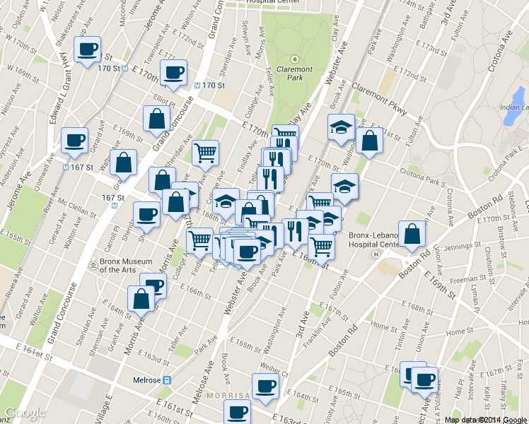 map of restaurants, bars, coffee shops, grocery stores, and more near in The Bronx