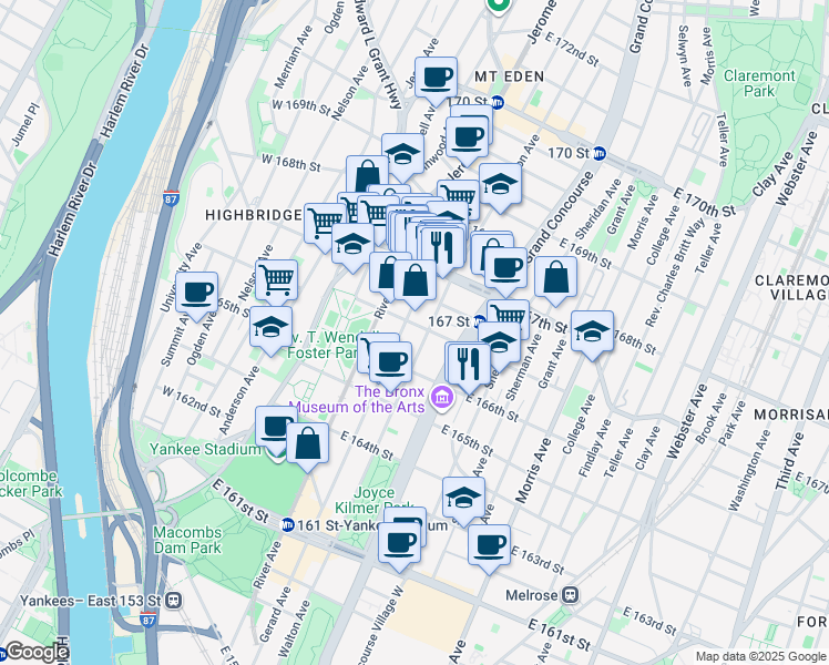map of restaurants, bars, coffee shops, grocery stores, and more near 1100 Gerard Avenue in Bronx