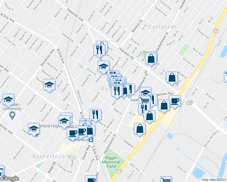 map of restaurants, bars, coffee shops, grocery stores, and more near 119 Park Avenue in East Rutherford