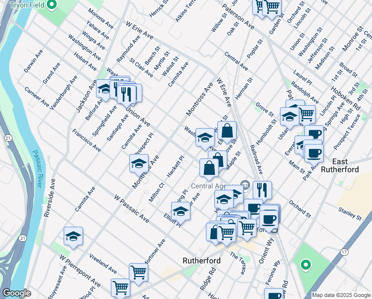 map of restaurants, bars, coffee shops, grocery stores, and more near 132 Hackett Place in Rutherford