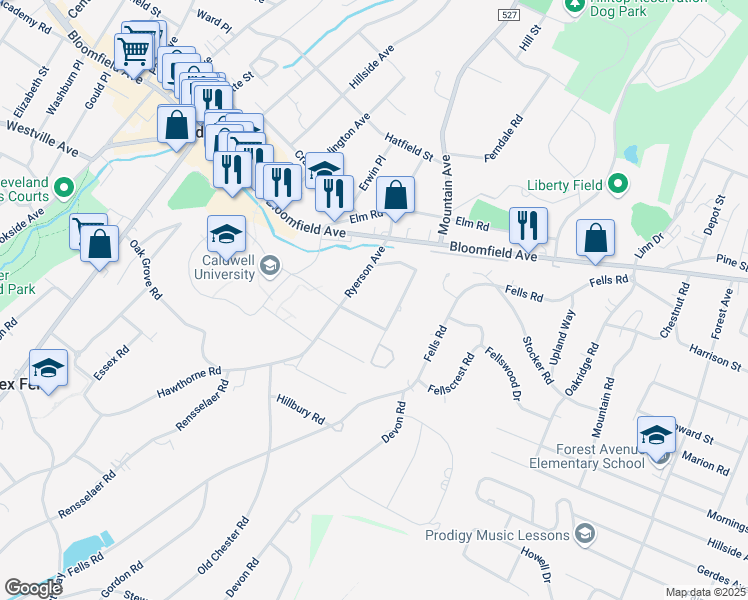 map of restaurants, bars, coffee shops, grocery stores, and more near 7 Ashland Street in Caldwell