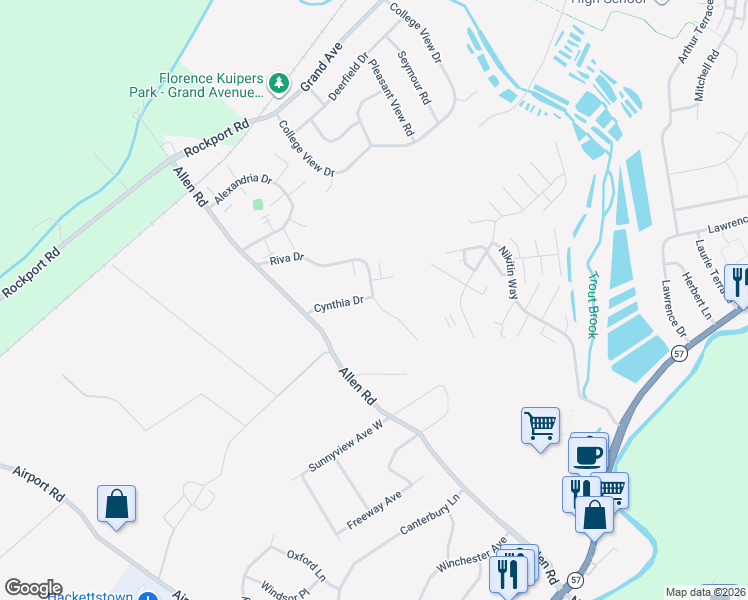 map of restaurants, bars, coffee shops, grocery stores, and more near 145 Cynthia Drive in Hackettstown