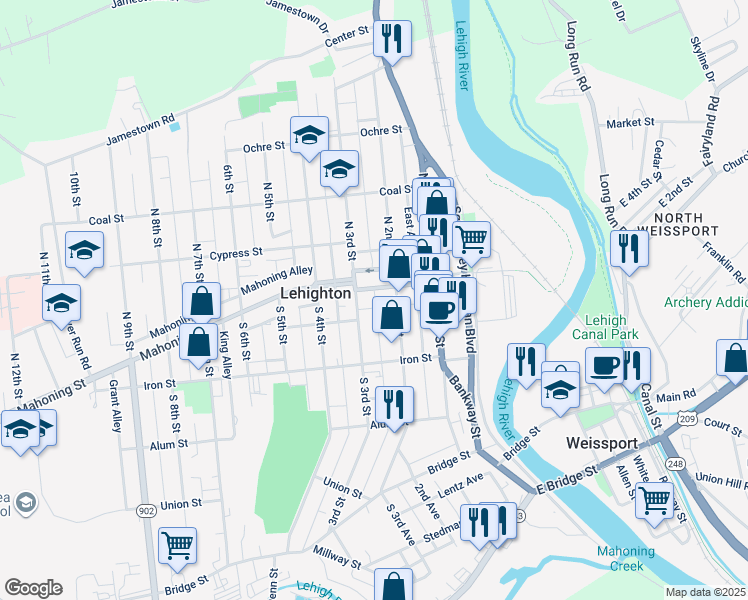 map of restaurants, bars, coffee shops, grocery stores, and more near 128 South 2nd Street in Lehighton
