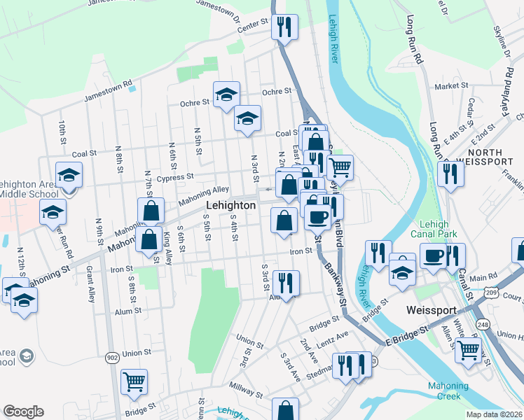 map of restaurants, bars, coffee shops, grocery stores, and more near 136 South 3rd Street in Lehighton