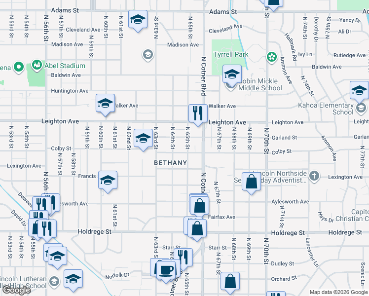 map of restaurants, bars, coffee shops, grocery stores, and more near 6511 Colby Street in Lincoln