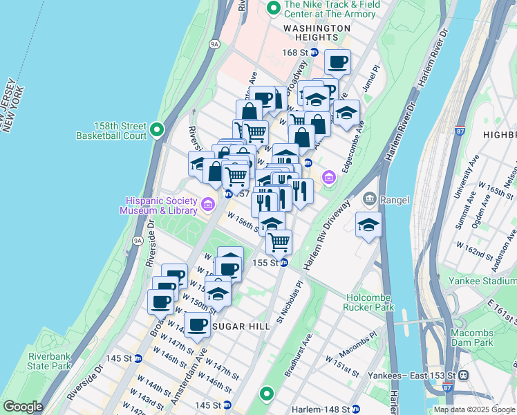 map of restaurants, bars, coffee shops, grocery stores, and more near 1956 Amsterdam Avenue in New York