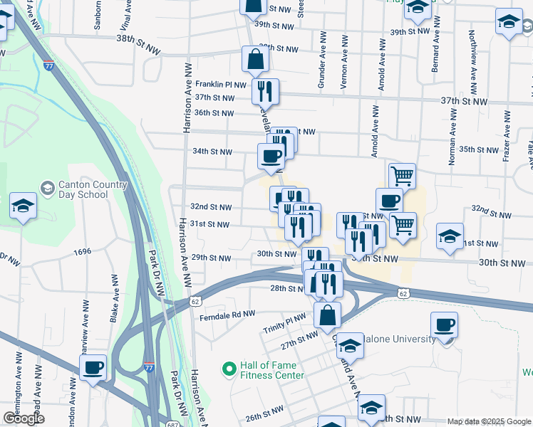 map of restaurants, bars, coffee shops, grocery stores, and more near 1727 31st Street Northwest in Canton