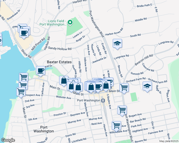 map of restaurants, bars, coffee shops, grocery stores, and more near 6 Hillview Avenue in Port Washington