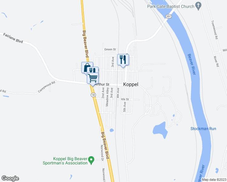 map of restaurants, bars, coffee shops, grocery stores, and more near 3517 3rd Avenue in Koppel