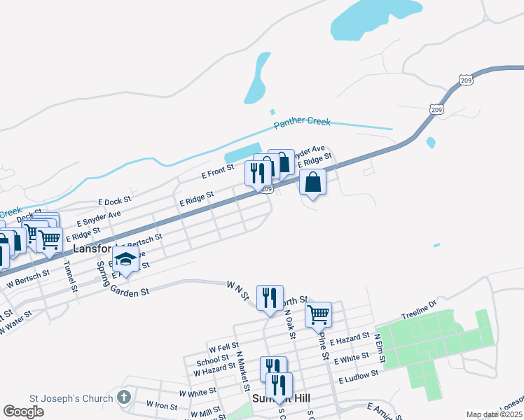 map of restaurants, bars, coffee shops, grocery stores, and more near 630 East Bertsch Street in Lansford