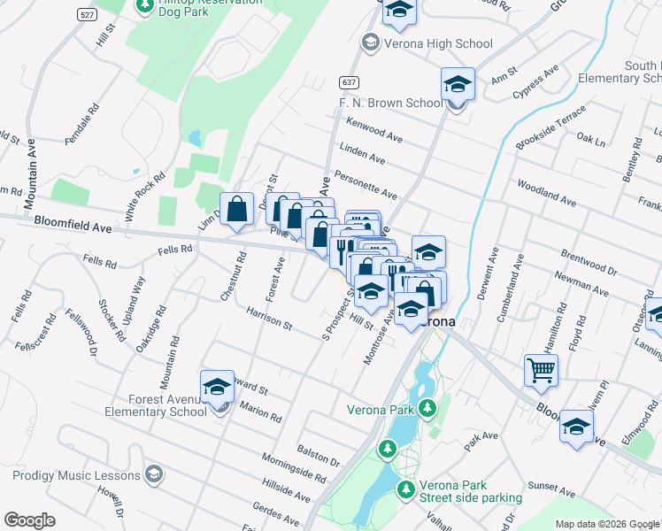 map of restaurants, bars, coffee shops, grocery stores, and more near 1 East Lincoln Street in Verona
